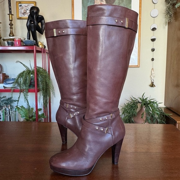 Cole Haan Shoes - Cole Haan Knee High Boots Brown Leather Nike Air Tall Heeled Boots | Size 7
